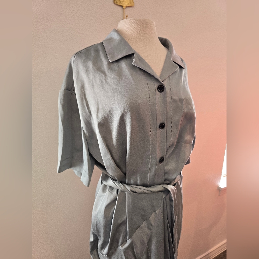 Burberry NEW Emily Mineral Blue 100% SILK Satin Tie Waist Shirt Dress Size 10 - Picture 7 of 16